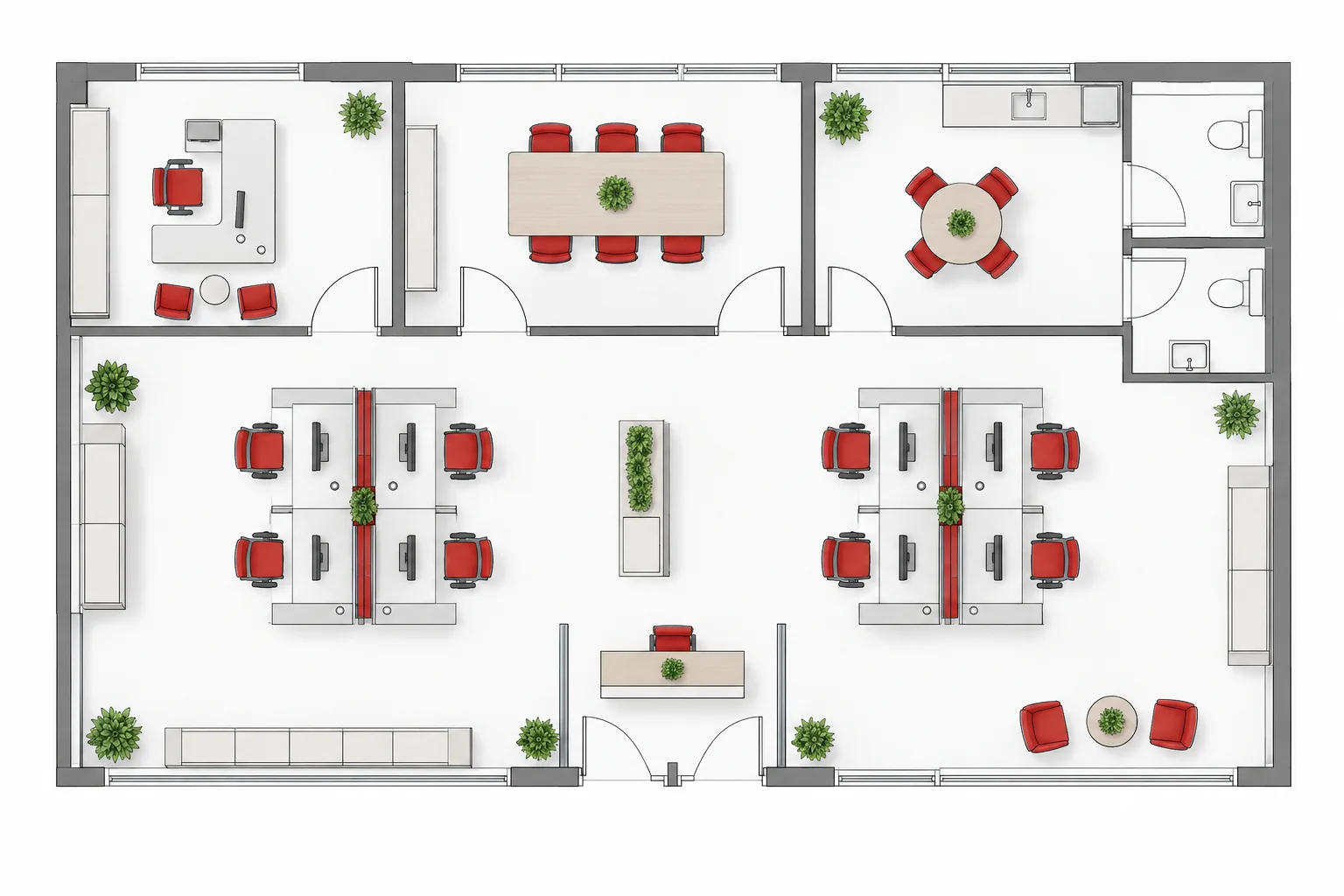Plan 2D vu du dessus pour l’aménagement de bureaux professionnels BURONEX