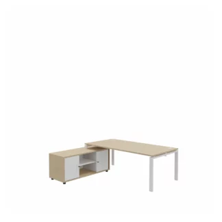 Bureau de direction ASTRO Buronomic – packshot avec meuble de service 2 portes coulissantes blanc chene fil