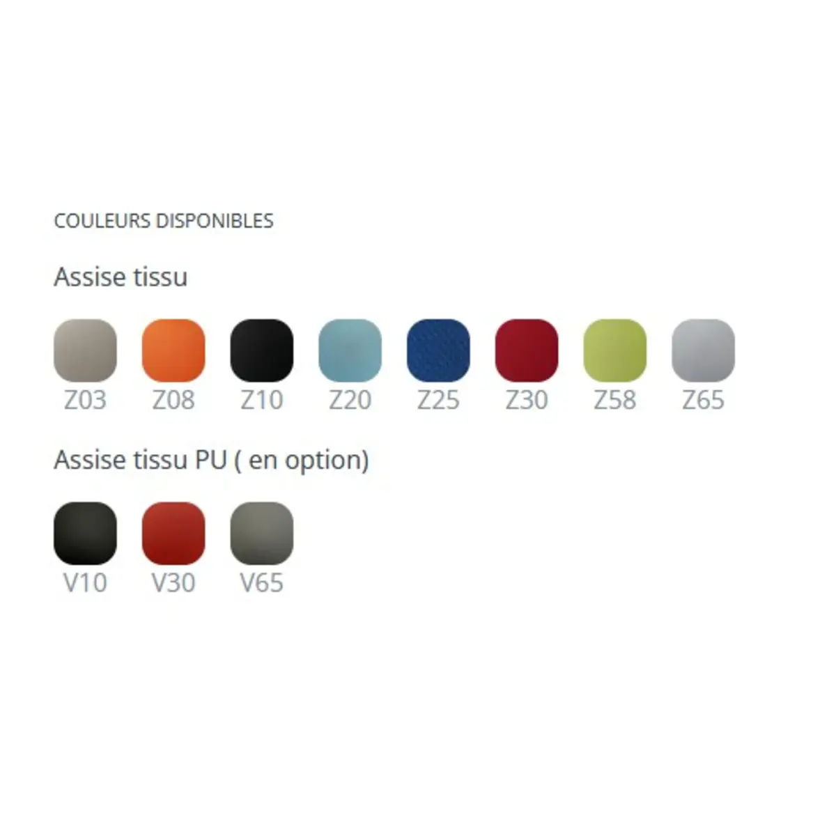 Nuancier des coloris d’assise du fauteuil AXIO – tissus Z03 à Z65 et tissus PU V10, V30, V65
