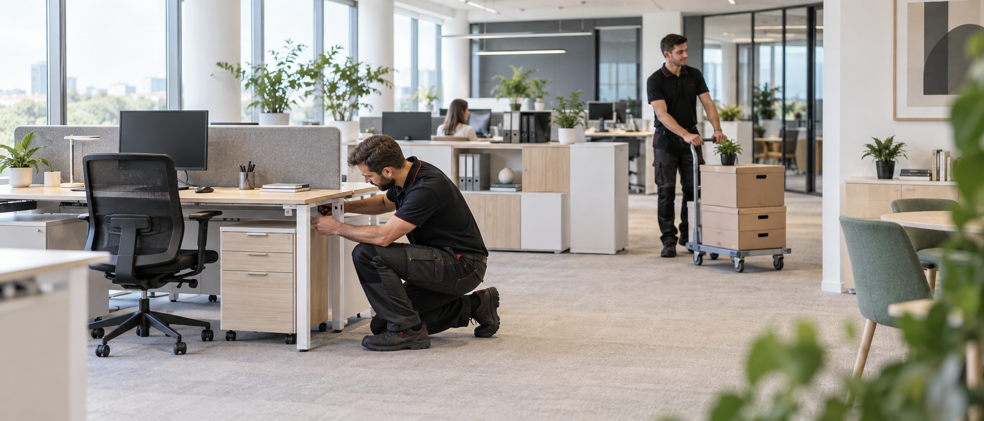 Techniciens BURONEX réorganisant et réparant du mobilier de bureau sur site