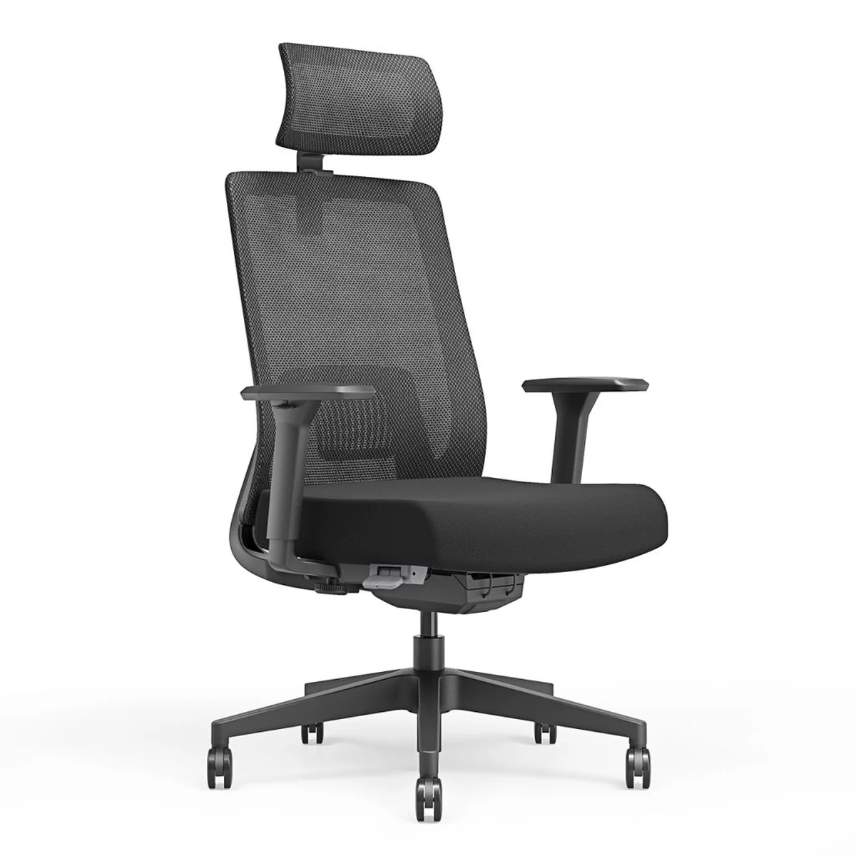 Fauteuil ergonomique VELORA avec têtière et accoudoirs 4D – vue trois-quarts