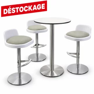 Lot table haute ronde et trois tabourets hauts en déstockage