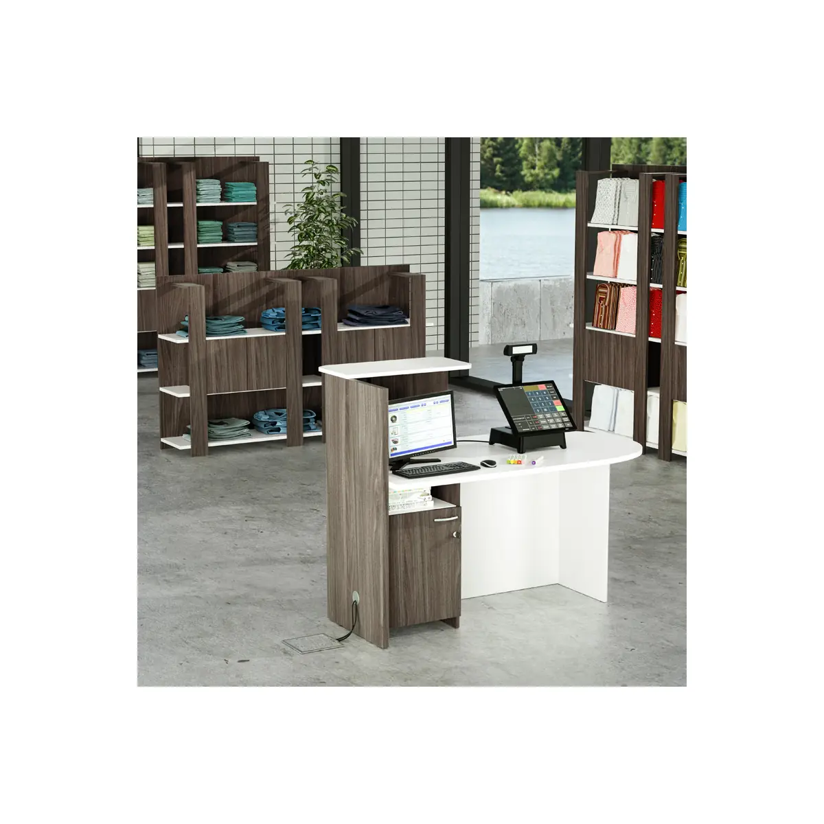 Banque d’accueil NOVA Compact frêne aménagée en commerce