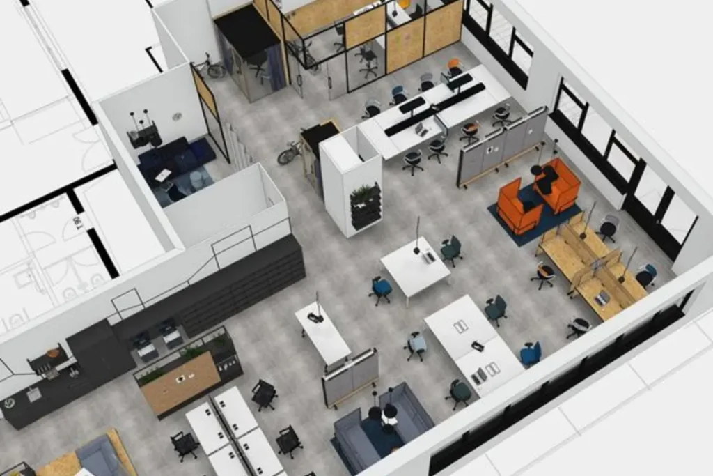 Plan 3D d’un aménagement de bureaux professionnels BURONEX