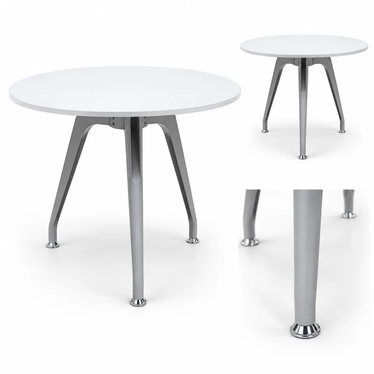 Table ronde blanche diamètre 90 cm avec pieds gris aluminium