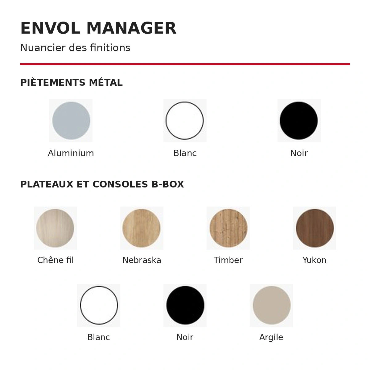Nuancier ENVOL MANAGER : piètements aluminium blanc noir ; décors Chêne fil Nebraska Timber Yukon Blanc Noir Argile